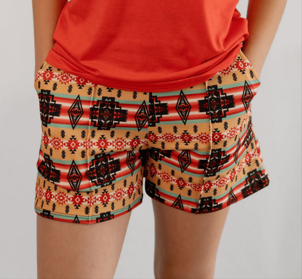 LUCKY & BLESSED Tan Aztec Printed Crease Detail Western Shorts — High-Waisted with Sharp Crease & Functional Pockets (4.5" Inseam)