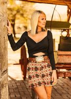 LUCKY & BLESSED Tan Aztec Printed Crease Detail Western Shorts — High-Waisted with Sharp Crease & Functional Pockets (4.5" Inseam)
