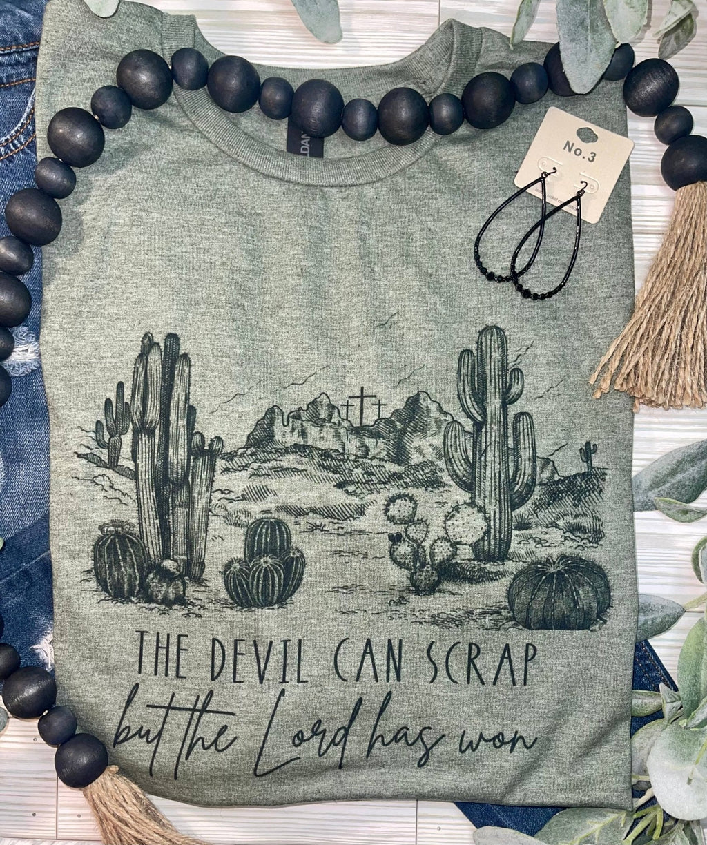 "The Devil Can Scrap" Western Christian Desert Graphic Tee — Vintage Cotton-Poly Blend Faith Statement