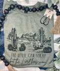 "The Devil Can Scrap" Western Christian Desert Graphic Tee — Vintage Cotton-Poly Blend Faith Statement