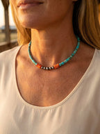 "The Vibrant" Choker — Spiny Oyster, Variscite Turquoise & Sterling Pearl — 14 inch (with 3 inch extender)