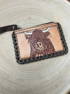 Western Tooled Leather & Cowhide Coin & Card Purse — Highland Cow Hair-on-Hide Theme (5" x 3")