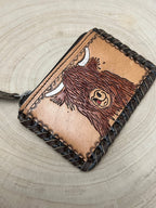 Western Tooled Leather & Cowhide Coin & Card Purse — Highland Cow Hair-on-Hide Theme (5" x 3")