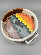 Tooled Leather & Hand-Painted Tray — Sunset Bull Rider (11" diameter, Silver Handles)
