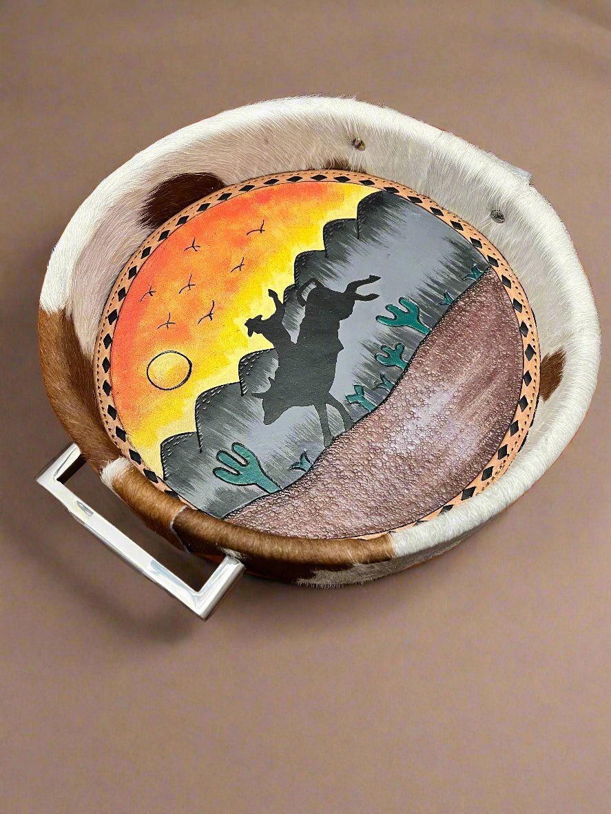 Tooled Leather & Hand-Painted Tray — Sunset Bull Rider (11" diameter, Silver Handles)