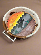 Tooled Leather & Hand-Painted Tray — Sunset Bull Rider (11" diameter, Silver Handles)