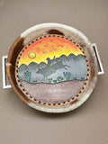 Tooled Leather & Hand-Painted Tray — Sunset Bull Rider (11" diameter, Silver Handles)