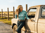 LUCKY & BLESSED Turquoise Aztec Print Long Sleeve Mesh Western Top — Bold Southwestern Geometric Layering Piece