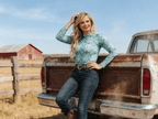 LUCKY & BLESSED Turquoise Aztec Print Long Sleeve Mesh Western Top — Bold Southwestern Geometric Layering Piece