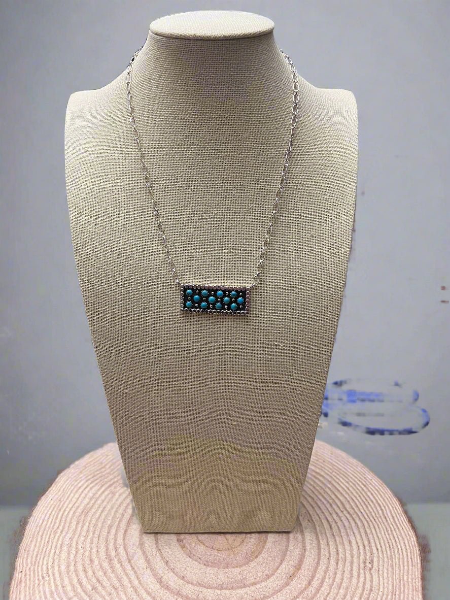 Kenny Lonjose Native American Sterling Silver Turquoise Bar Pendant Necklace — 18"