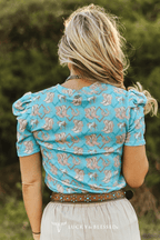 LUCKY & BLESSED Turquoise Boots Print Puff Short Sleeve Western Top — Iconic Western Boot Print Cowgirl Statement