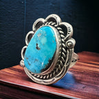 Vintage Sterling Silver Turquoise Ring — Blue Cabochon & Hand-Stamping, Size 7 (Native-Style)