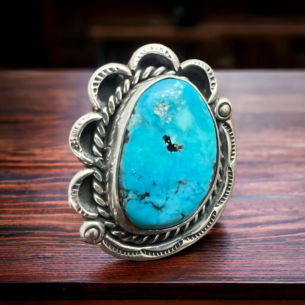 Vintage Sterling Silver Turquoise Ring — Blue Cabochon & Hand-Stamping, Size 7 (Native-Style)