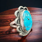Vintage Sterling Silver Turquoise Ring — Blue Cabochon & Hand-Stamping, Size 7 (Native-Style)