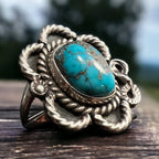 Turquoise Cabochon Sterling Silver Flower-Base Ring — Size 5