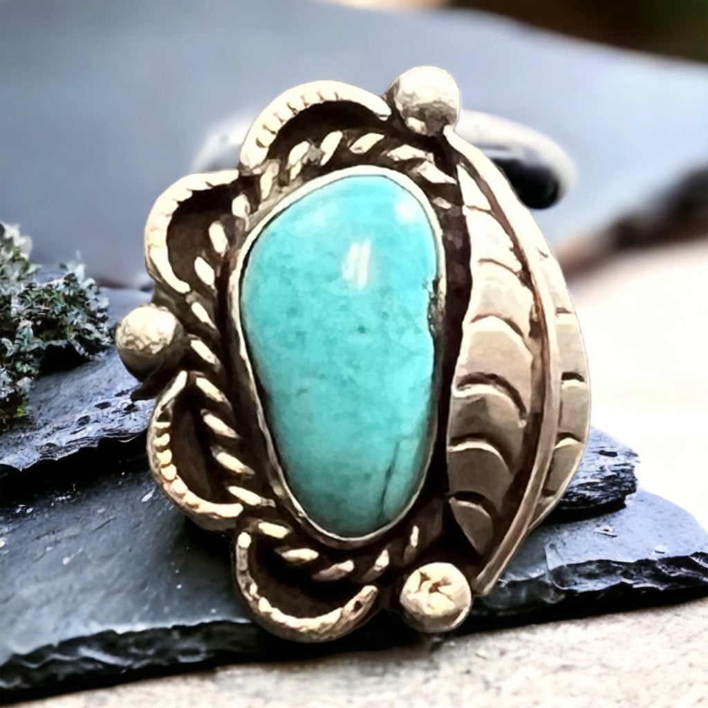 Hand-Stamped Sterling Silver Turquoise Cabochon Ring with Leaf Detail — Size 7