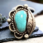 Hand-Stamped Sterling Silver Turquoise Cabochon Ring with Leaf Detail — Size 7
