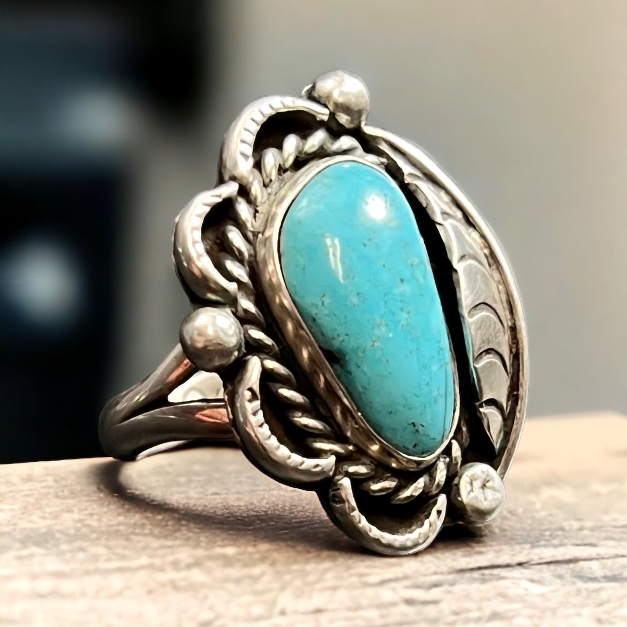 Hand-Stamped Sterling Silver Turquoise Cabochon Ring with Leaf Detail — Size 7