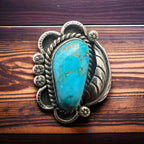 Vintage Sterling Silver Turquoise Ring with Sterling Leaf & Hand-Stamping — Size 7.5 (Native-Style)