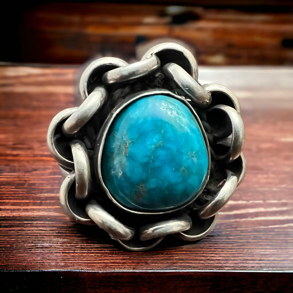 Turquoise & Sterling Silver Links Ring — Size 11 (Men's)