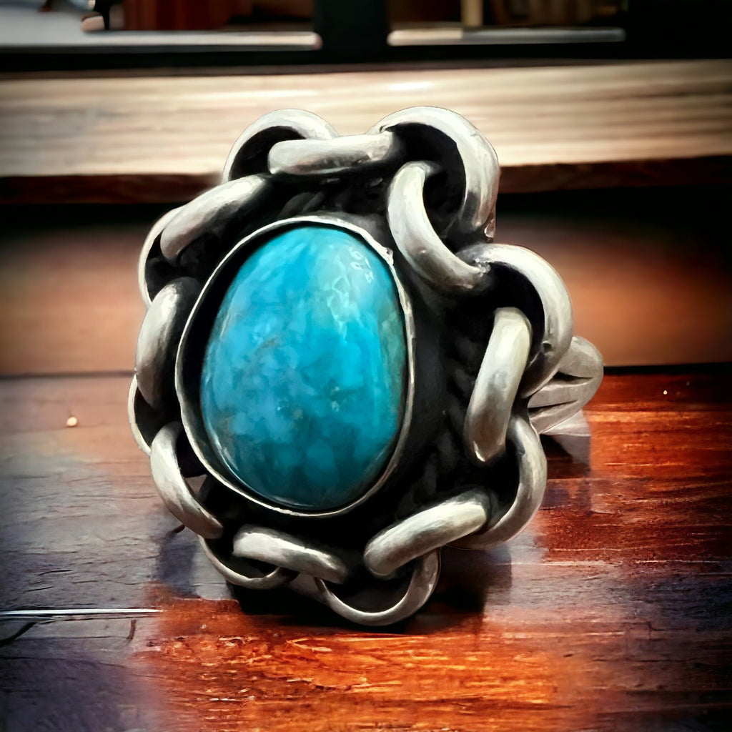 Turquoise & Sterling Silver Links Ring — Size 11 (Men's)