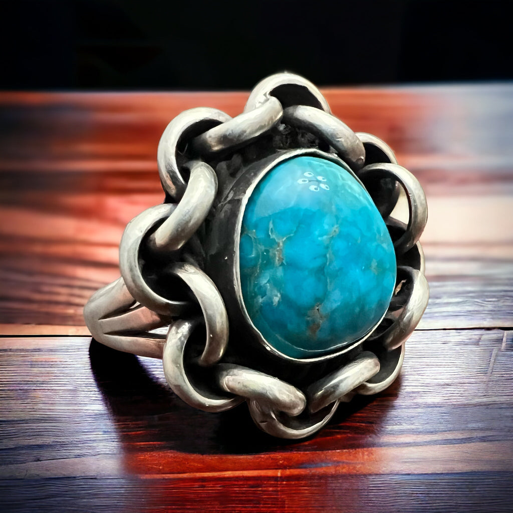 Turquoise & Sterling Silver Links Ring — Size 11 (Men's)