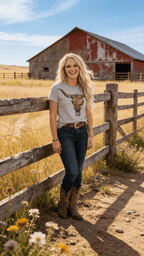 Vintage Wildflower Bull Skull Western Boho Graphic Tee — Cotton-Poly Blend Desert Botanical