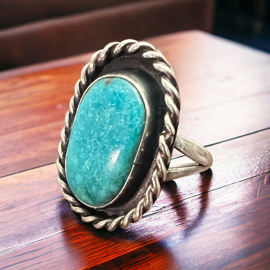 Vintage Sterling Silver Waterweb Blue Turquoise Cabochon Ring — Size 10.5 (Men's)