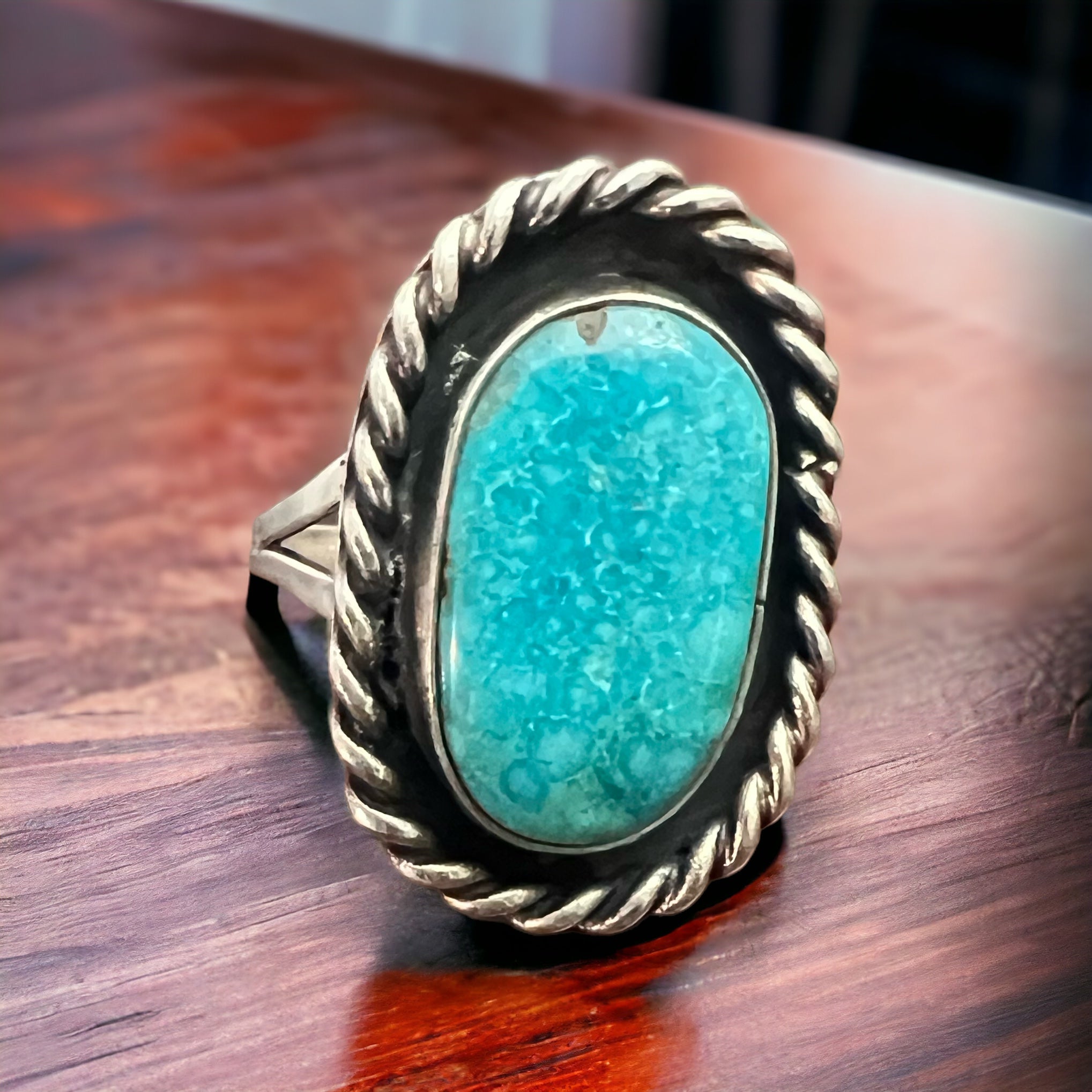 Vintage Sterling Silver Waterweb Blue Turquoise Cabochon Ring — Size 10.5 (Men's)