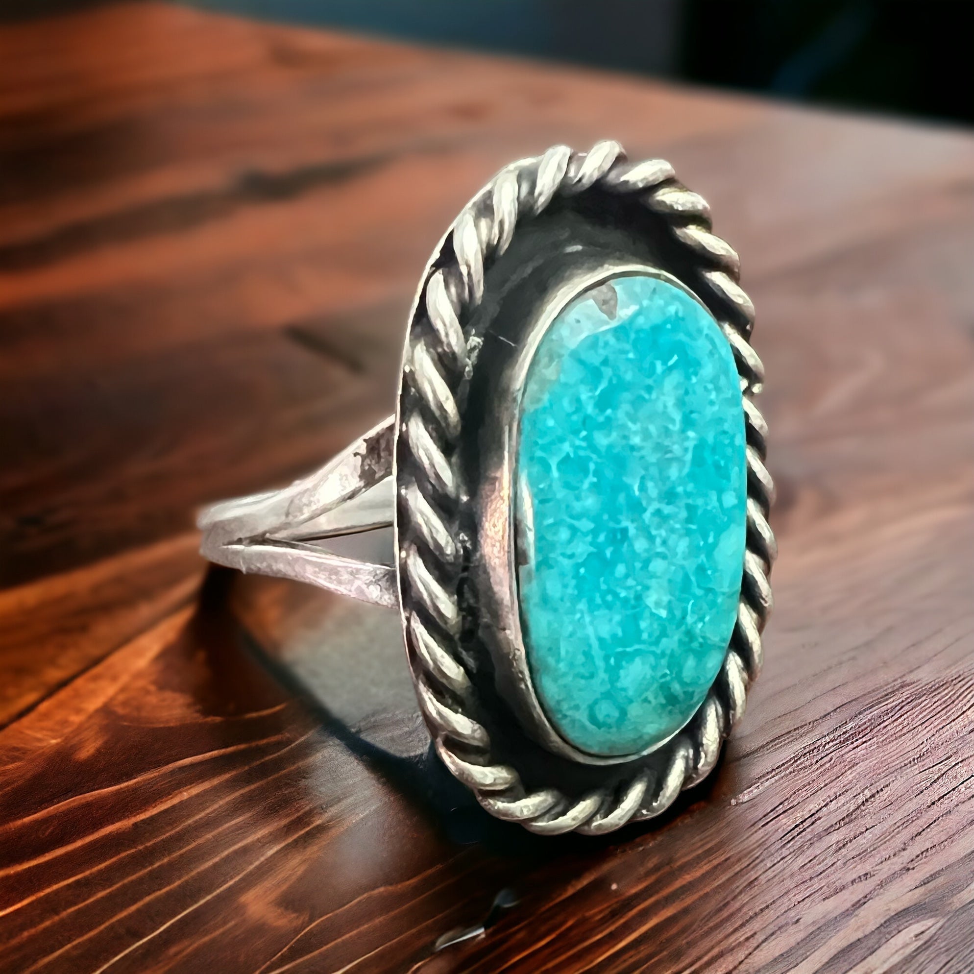 Vintage Sterling Silver Waterweb Blue Turquoise Cabochon Ring — Size 10.5 (Men's)