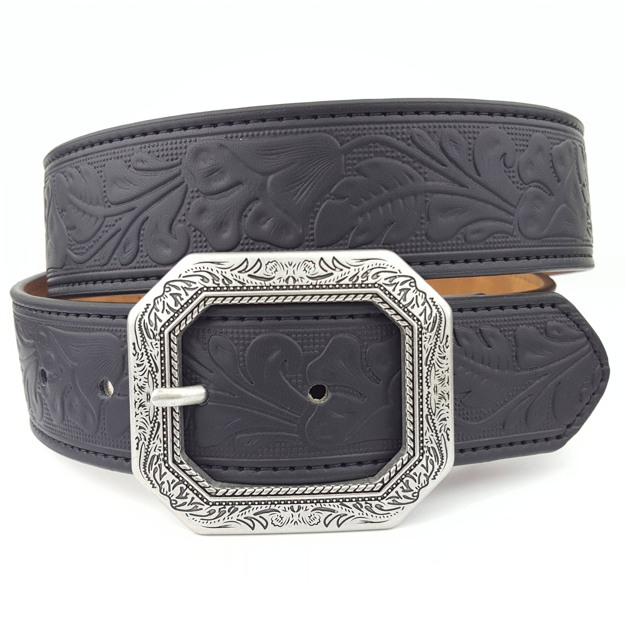 Western Floral Etched Buckle Belt — Square Buckle with Embossed Floral Strap