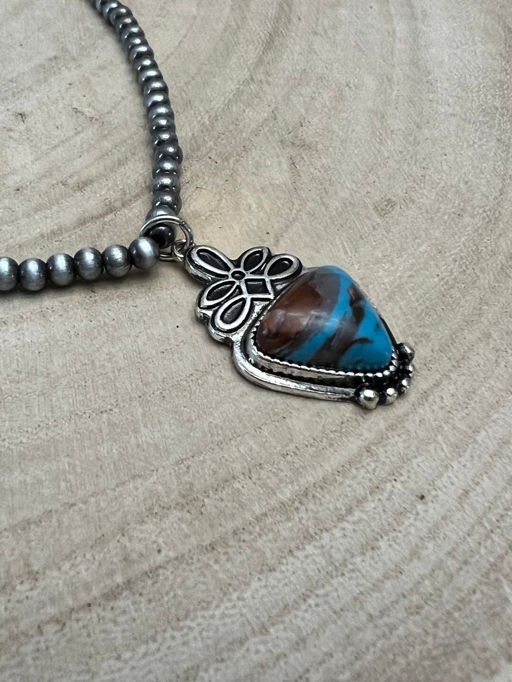 Western Boot Stitch Pendant Pearl Necklace with Faux Turquoise — 18 Inch