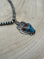 Western Boot Stitch Pendant Pearl Necklace with Faux Turquoise — 18 Inch