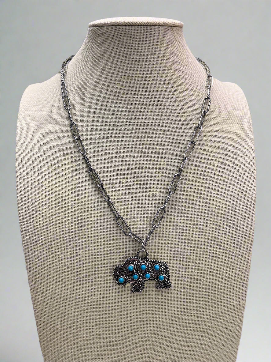 Western Buffalo Pendant Necklace with Faux Turquoise — 18 Inch with Extender