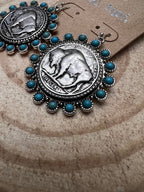 Western Buffalo Coin Dangle Earrings with Faux Turquoise — Statement Drop