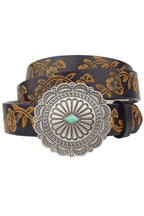 Western Concho Buckle Belt — Hand-Painted Leather with Faux Turquoise Center
