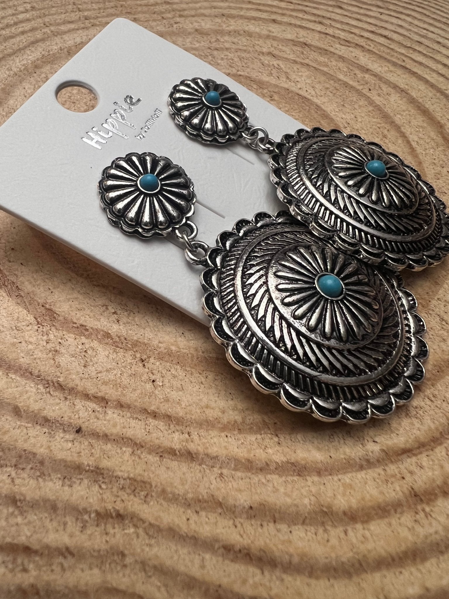 Western Concho Dangle Earrings with Faux Turquoise — 2½" Drop