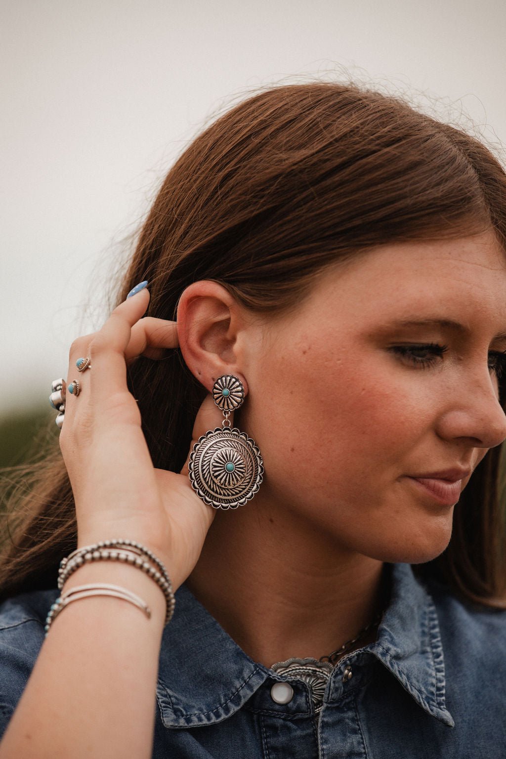 Western Concho Dangle Earrings with Faux Turquoise — 2½" Drop