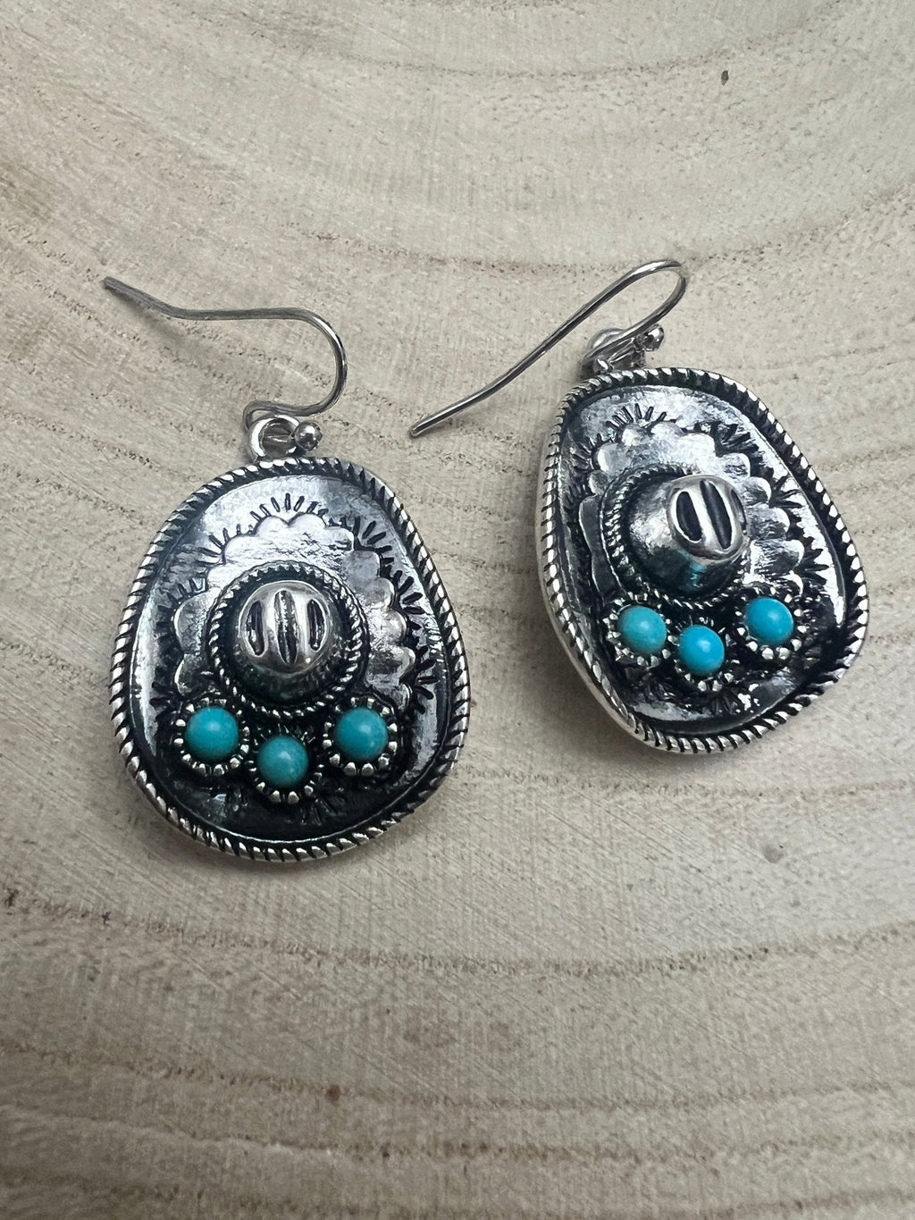 Western Cowboy Hat Dangle Earrings with Faux Turquoise — Oxidized Silver 1" Drop