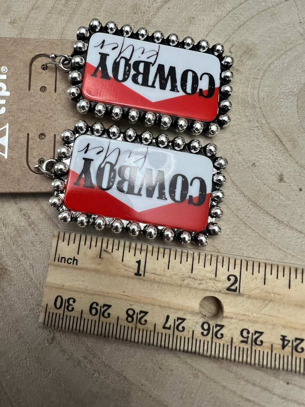 Western Cowboy Killer Rectangle Earrings — Red & White Western Statement