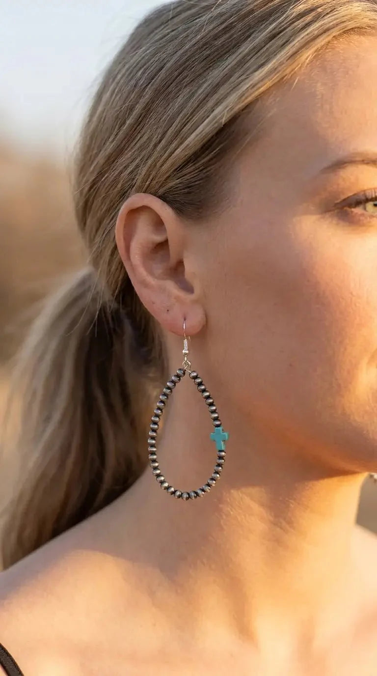Western Cross Earrings with Faux Turquoise & Pearl Teardrops — 2½" Drop