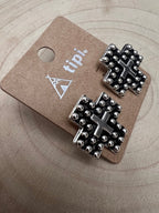 Western Cross Metal Stud Earrings — Antique Silver Faith Statement