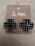 Western Cross Metal Stud Earrings — Antique Silver Faith Statement