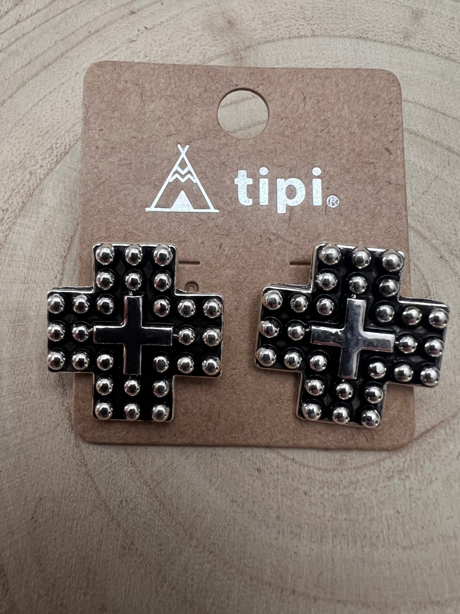 Western Cross Metal Stud Earrings — Antique Silver Faith Statement