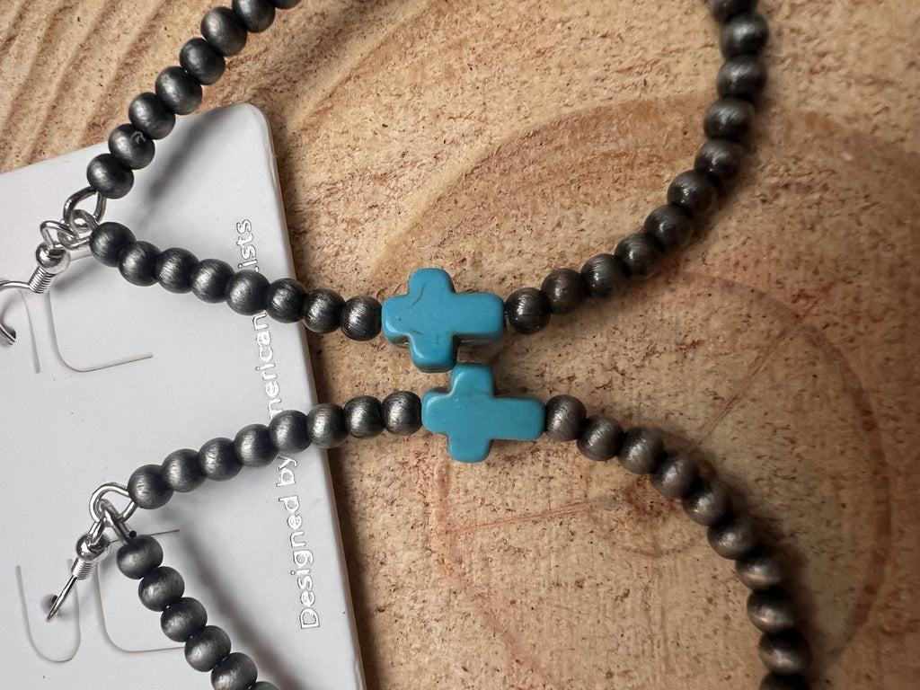 Western Cross Earrings with Faux Turquoise & Pearl Teardrops — 2½" Drop