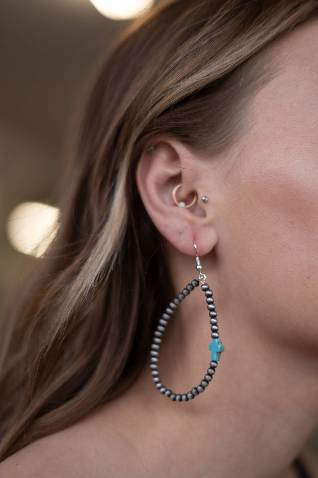Western Cross Earrings with Faux Turquoise & Pearl Teardrops — 2½" Drop