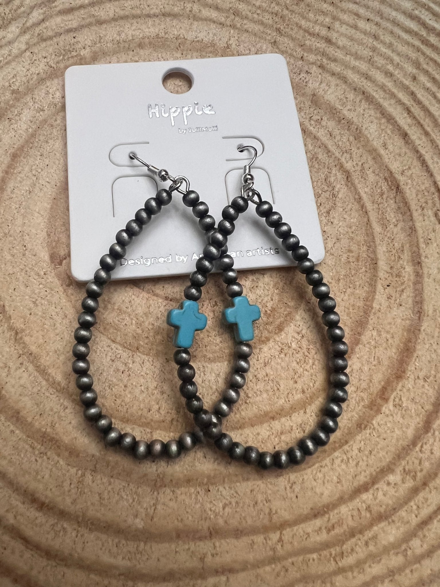 Western Cross Earrings with Faux Turquoise & Pearl Teardrops — 2½" Drop
