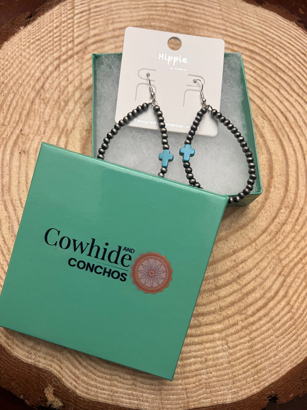 Western Cross Earrings with Faux Turquoise & Pearl Teardrops — 2½" Drop