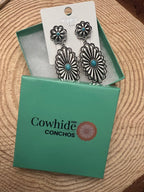 Western Double Concho Earrings with Faux Turquoise — Bold 3" Drop