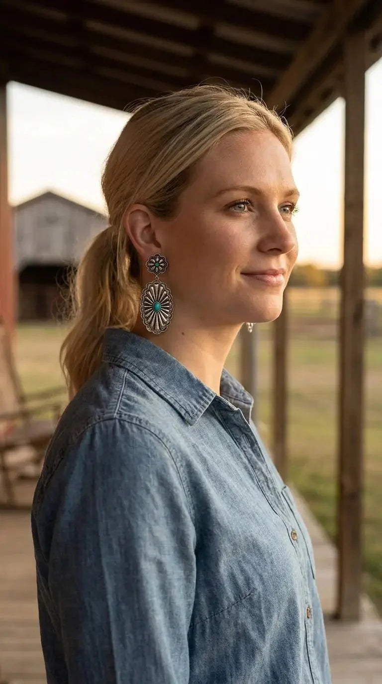 Western Double Concho Earrings with Faux Turquoise — Bold 3" Drop